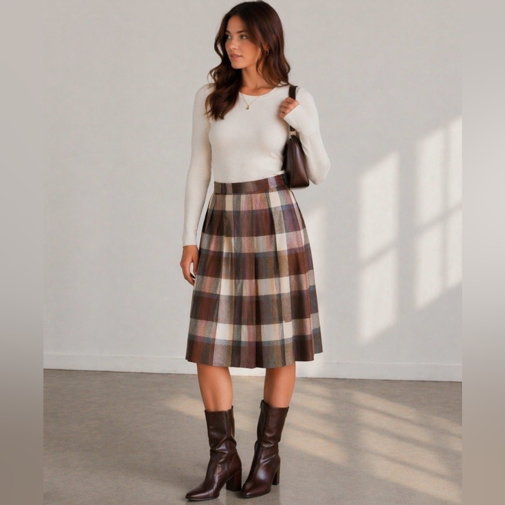 Vintage Plaid A-Line Skirt in Brown and Cream with Pockets.